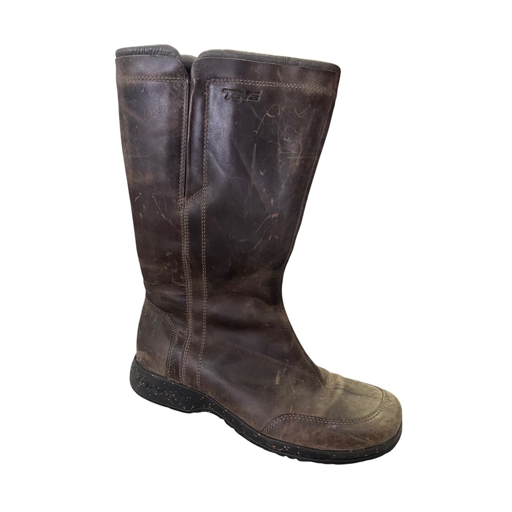 Teva 1003013 Womens Brown Waterproof Leather Mid Calf Side Zip Boots Size 8.5